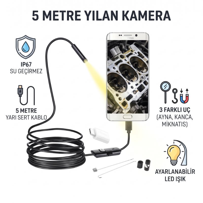 5 Metre Yılan Kamera - LED Işıklı - IP67 Su Geçirmez - 3 Farklı Başlıklı  - 2